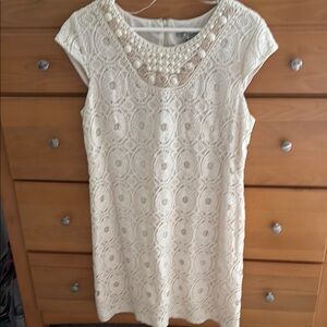 Sandra Darren Cream Sheath Mini Dress with Beaded Neckline